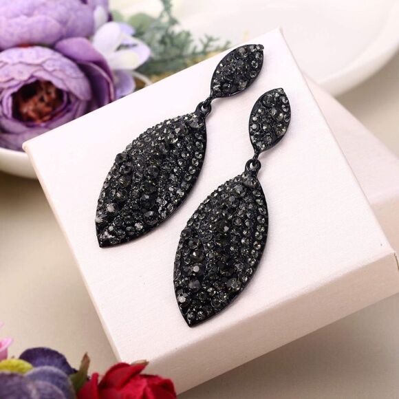 Carbon Black with Black Onyx Crystal Double Leaf Chandelier Post Back Earrings